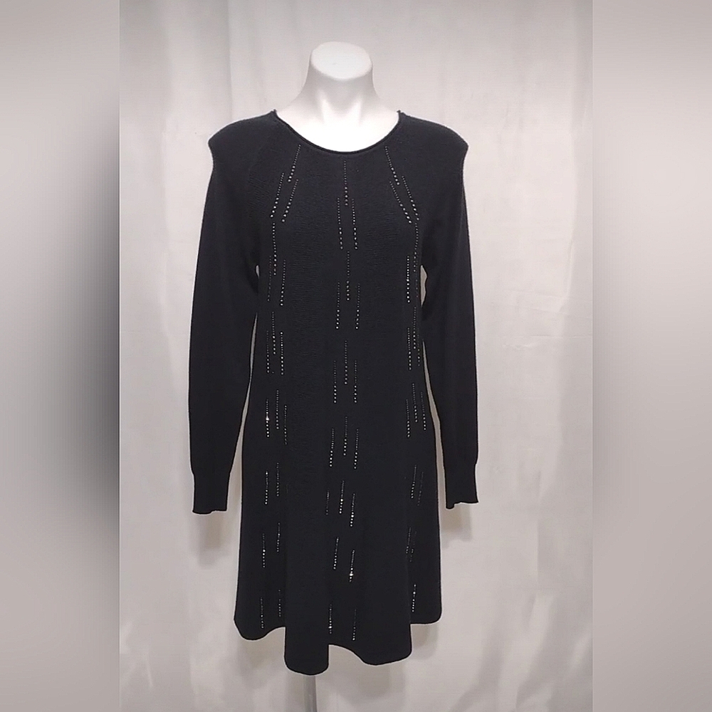Joseph Ribkoff Black Rhinestone Accent Knitted Sweater Dress Medium Cozy Elegant
